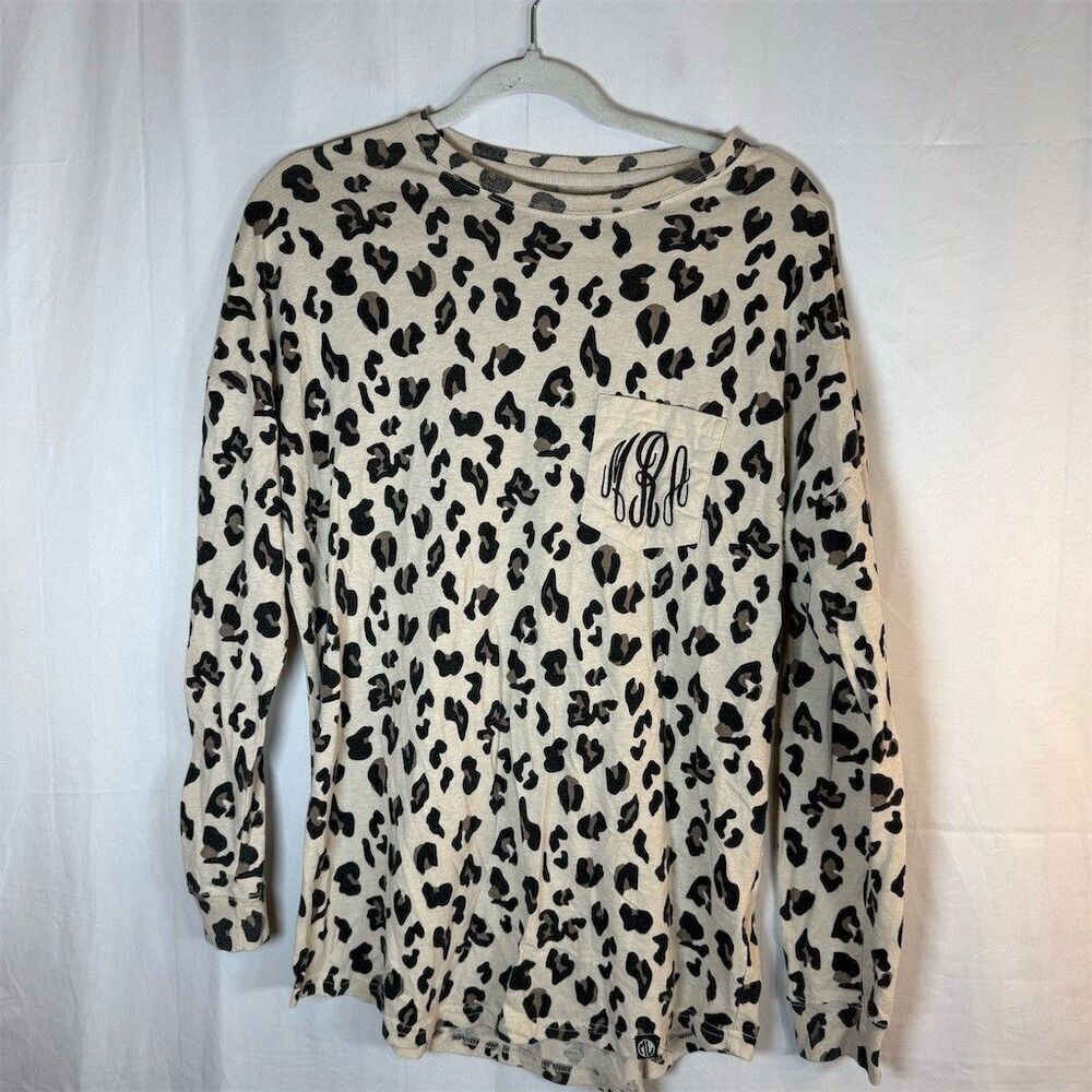 Marleylilly T-Shirt Womens Size S Beige Leopard Print Long Sleeve Monogram